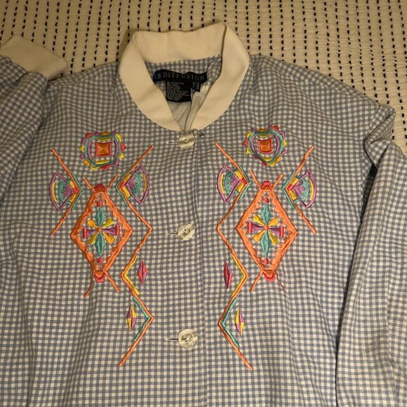 Vintage Women’s IB Diffusion Embroidered Gingham Button-Up – Artsy 80s/90s Style - Picture 3 of 8